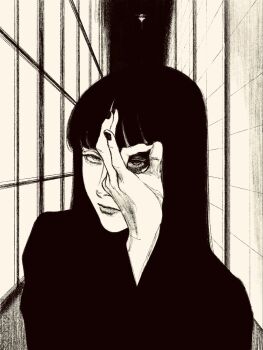 1girl black_hair black_nails black_outline blunt_bangs greyscale highres hime_cut long_hair long_sleeves looking_at_viewer monochrome ok_sign ok_sign_over_eye original outline tp_p_pt