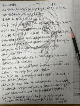 1girl absurdres asymmetrical_hair beanie from_below gnlop graphite_(medium) hair_ornament handwriting hat highres hood hooded_jacket iwakura_lain jacket looking_at_viewer open_clothes open_jacket serial_experiments_lain single_sidelock sketch solo sweater traditional_media turtleneck turtleneck_sweater x_hair_ornament