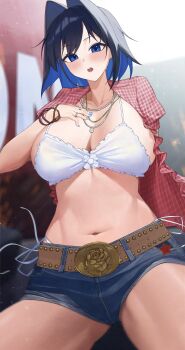 1girl belt belt_buckle black_hair blue_eyes blue_hair blue_nails blue_shorts blush bracelet breasts brown_belt buckle cleavage collarbone colored_inner_hair cosplay denim denim_shorts hair_intakes hand_on_own_chest highres hololive hololive_english jewelry kwon_eun-bi kwon_eun-bi_(cosplay) large_breasts lips multicolored_hair navel necklace open_clothes open_mouth open_shirt ouro_kronii plaid_clothes plaid_shirt raeis real_life red_shirt shirt short_hair shorts solo stomach virtual_youtuber