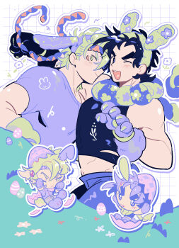 2boys :d absurdres animal_ears animal_hands bare_shoulders battle_tendency black_hair black_shirt blue_eyes blush caesar_anthonio_zeppeli chibi chibi_inset crop_top drawn_flower drop_shadow easter easter_egg egg facial_mark fake_animal_ears flower gloves gogeyama green_eyes green_hair green_shorts grid_background hair_between_eyes hair_ornament headband heart heart_in_mouth highres jojo_no_kimyou_na_bouken joseph_joestar male_focus messy_hair midriff multicolored_scarf multiple_boys muscular muscular_male navel one_eye_closed open_mouth outline paw_gloves purple_shirt rabbit_ears scarf shirt short_hair shorts smile striped_clothes striped_scarf tight_top white_outline yaoi