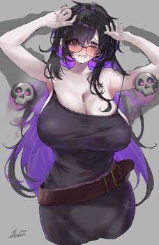 1girl absurdres black-framed_eyewear black_dress black_hair blush breasts colored_inner_hair commentary_request dress floating_skull glasses goddess_of_victory:_nikke hair_over_one_eye highres hii_(motorholic) label_(nikke) large_breasts long_hair looking_at_viewer mole mole_on_breast multicolored_hair purple_eyes solo two-tone_hair
