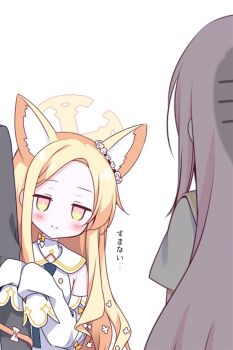 1boy 2girls absurdres aikumofuwari animal_ear_fluff animal_ears arm_hug bare_shoulders blonde_hair blue_archive blush bow bright_pupils closed_mouth commentary couple detached_sleeves dress extra_ears flower_wreath forehead fox_ears fox_girl halo hands_up hetero highres long_hair looking_at_another mika_(blue_archive) multicolored_eyes multiple_girls orange_bow orange_eyes parted_bangs pink_hair seia_(blue_archive) sensei_(blue_archive) short_sleeves sidelocks simple_background sleeve_bow sleeveless sleeveless_dress sleeves_past_fingers sleeves_past_wrists slit_pupils smile split_mouth translated two-tone_eyes upper_body very_long_hair wavy_ends white_background white_dress white_pupils wide_sleeves yellow_eyes yellow_halo