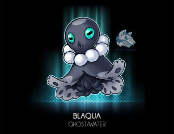 aqua_sclera artist_name black_eyes black_skin cephalopod_eyes colored_sclera colored_skin cryptid dark_background darksilvania fakemon floating jewelry necklace nintendo no_humans octopus pearl_necklace pokemon pokemon_(creature) signature