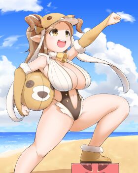 Rule 34 | 1girl, :d, arm up, ball, beach, beachball, bell, breast press, breasts, brown eyes, brown gloves, brown hair, casual one-piece swimsuit, cleavage, cloud, daetta (granblue fantasy), day, draph, elbow gloves, feet out of frame, female focus, fingerless gloves, from side, fur collar, fur trim, gloves, granblue fantasy, grin, hat, horns, huge breasts, knee up, magure senshi, navel, one-piece swimsuit, open mouth, pointy ears, shoes, sky, slingshot swimsuit, smile, solo, swimsuit, teeth, thick thighs, thighs, v-shaped eyebrows