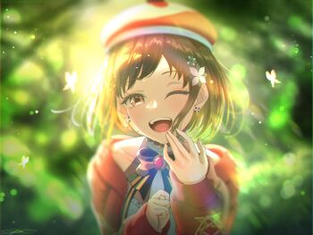 1girl bang_dream! bare_shoulders bow brown_eyes brown_hair bug butterfly cardigan earrings flower hair_flower hair_ornament hashtag-only_commentary hat hazawa_tsugumi highres insect jewelry long_sleeves one_eye_closed open_cardigan open_clothes open_mouth red_cardigan red_hat short_hair solo teeth upper_body upper_teeth_only zuka_ryu