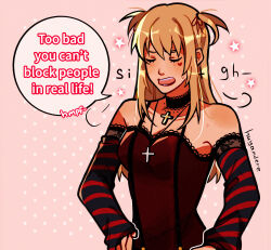 Rule 34 | 1girl, absurdres, amane misa, artist name, black choker, black dress, blonde hair, breasts, choker, commentary, cross, cross earrings, cross necklace, death note, detached sleeves, dress, earrings, english commentary, english text, facial mark, highres, huyandere, jewelry, long hair, medium breasts, necklace, open mouth, pendant, polka dot, polka dot background, signature, solo, star (symbol), striped sleeves, sweatdrop, two side up