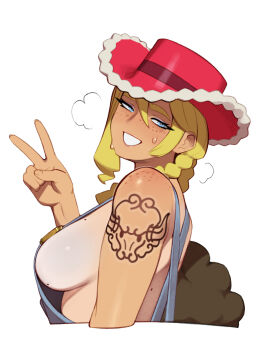 1girl arm_tattoo blonde_hair blue_eyes blue_overalls blush body_freckles braid breasts breath combos_&amp;_doodles commentary cowboy_hat cropped_torso denim denim_overalls english_commentary freckles from_side hair_between_eyes half-closed_eyes hat highres kitt_(pokemon) large_breasts looking_at_viewer medium_hair mole mole_on_back mole_on_breast nintendo no_bra overalls parted_lips pokemon pokemon_champions red_hat sideboob simple_background sleeveless smile solo sweatdrop tan tattoo thick_eyebrows twin_braids upper_body v white_background