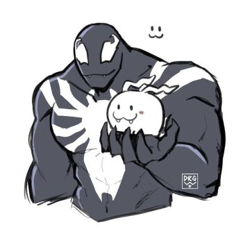 Rule 34 | 1boy, :3, black skin, closed mouth, colored skin, crossover, digimon, digimon (creature), dragonwilbert, fangs, marvel, multicolored skin, simple background, spider-man (series), tokomon, two-tone skin, upper body, venom (marvel), white background, white skin