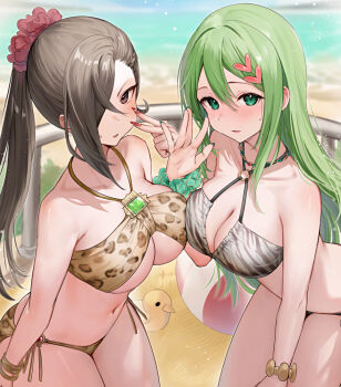 2girls animal_print armpit_crease ball bare_arms bare_shoulders beach beachball bikini black_hair blush breast_press breasts brown_bikini cleavage collarbone criss-cross_halter day dot_nose female_focus fire_emblem fire_emblem:_shadow_dragon fire_emblem_fates green_eyes green_hair hair_between_eyes hair_ornament hair_over_one_eye hair_scrunchie halterneck haru_(nakajou-28) in-franchise_crossover kagero_(fire_emblem) large_breasts leopard_print light_blush long_hair looking_at_viewer multiple_girls navel nintendo o-ring o-ring_bikini ocean outdoors palla_(fire_emblem) parted_lips ponytail scrunchie swimsuit symmetrical_docking underboob