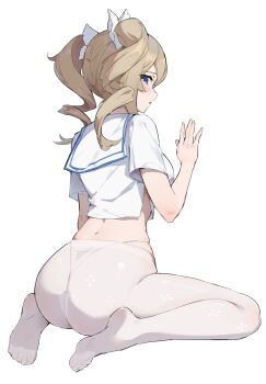 1girl absurdres ass ass_focus barbara_(genshin_impact) blonde_hair blue_eyes blush drill_hair from_behind full_body g-string genshin_impact hair_ornament highres houkisei kneeling looking_at_viewer no_pants no_shoes panties panties_under_pantyhose pantyhose pantylines school_uniform see-through_clothes serafuku short_sleeves simao_(x_x36131422) simple_background soles solo thighs thong toes twin_drills twintails underwear white_background white_pantyhose