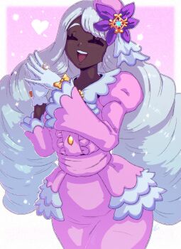 1girl :d artbenbeau bow closed_eyes commentary cowboy_shot dark-skinned_female dark_skin dress eyelashes gloves grey_hair hair_ornament hands_up happy heart highres jacinthe_(pokemon) jewelry long_hair long_sleeves nintendo open_mouth pokemon pokemon_legends:_z-a puffy_sleeves ring smile solo teeth tongue upper_teeth_only yellow_bow