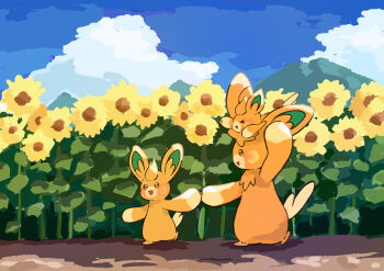 Rule 34 | absurdres, blue sky, day, evolutionary line, flower, highres, illustrattyako, nintendo, no humans, orange fur, outdoors, pawmi, pawmo, pawmot, pokemon, pokemon (creature), sky, sunflower