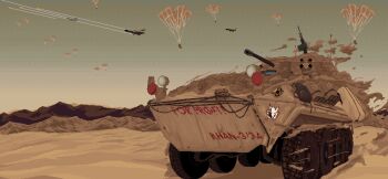 Rule 34 | absurdres, aircraft, ammunition box, autocannon, battle, cannon, cargo aircraft, decal, english text, gun, highres, horizon, infantry fighting vehicle, light machine gun, machine gun, mikecraftz, military, military vehicle, mountainous horizon, parachute, peace symbol, pixel art, project wingman, red eyes, sand, scenery, war, weapon, wheel