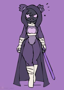 1girl :3 absurdres animal_ears bandaged_hand bandages bear_ears bear_girl bodysuit boots breasts cloak crossover energy_sword epic_games fortnite heart heart_print highres holding holding_sword holding_weapon hood hood_up hooded_cloak large_breasts lightsaber looking_at_viewer may_the_4th open_mouth print_bodysuit purple_background purple_bodysuit purple_cloak purple_eyes purple_fur raven_team_leader scar scar_across_eye scar_on_face sith sketch smile star_wars sword thick_thighs thighs tony_welt walking weapon white_boots wide_hips