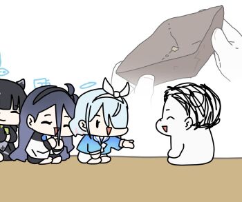 1boy 3girls aris_(blue_archive) arona_(blue_archive) blue_archive blue_halo chibi chinese_new_year commentary_request doodle_sensei_(blue_archive) hair_over_one_eye halo holding holding_wallet korean_commentary multiple_girls one_eye_covered outstretched_arm queue sechi_(sechihyeo) sensei_(blue_archive) shun_(blue_archive) sitting smile solid_oval_eyes triangle_mouth wallet