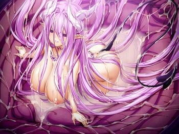 1girl absurdly_long_hair antenna_hair breasts chest_tattoo commentary completely_nude corruption dark_persona demon_girl demon_horns demon_tail english_commentary game_cg grin heart heart_tattoo horns huge_breasts inoino kouyoku_senki_exs-tia long_hair luxiel_(exs-tia) neck_tattoo nipples non-web_source nude official_art parted_lips pink_hair pointy_ears purple_eyes purple_hair slime_(substance) smile tail tattoo very_long_hair