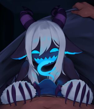 1boy 1girl @_@ animal_ears black_skin blue_eyes blue_male_underwear blue_mouth blue_tongue breasts bulge claws colored_skin colored_tongue commentary english_commentary forked_tongue glowing glowing_tongue hair_between_eyes hetero highres horns indie_virtual_youtuber indoors large_breasts long_hair long_tongue male_underwear monster_girl night pov raven_lenore second-party_source sharp_teeth solo_focus striped_horns teeth tongue tongue_out under_covers underwear virtual_youtuber white_fur white_hair yoako