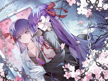 2girls bb_(fate) chain cherry_blossoms fate/extra fate/extra_ccc fate_(series) hair_ribbon long_hair minamisakura011 multiple_girls purple_hair red_ribbon ribbon studded_garter_belt very_long_hair