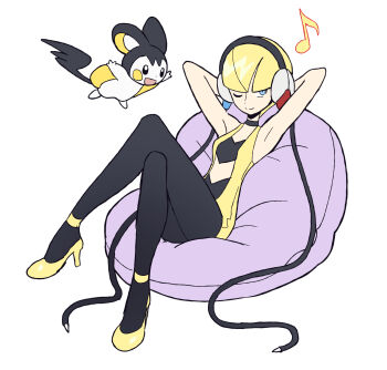 1girl :d absurdres arms_up bean_bag_chair black_choker black_eyes black_fur black_pantyhose blonde_hair blue_eyes blunt_bangs choker closed_mouth coat elesa_(pokemon) emolga flying_squirrel full_body gen_5_pokemon headphones highres looking_at_viewer musical_note nintendo one_eye_closed open_mouth pantyhose pokemon pokemon_(creature) pokemon_bw sach56000 shoes short_hair simple_background sitting smile solo squirrel white_background white_fur yellow_coat yellow_fur yellow_shoes