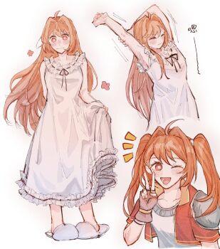 Rule 34 | 1girl, artist request, brown hair, closed mouth, commentary request, eiyuu densetsu, estelle bright, fingerless gloves, full body, gloves, highres, long hair, looking at viewer, nightgown, one eye closed, open mouth, red eyes, simple background, smile, solo, sora no kiseki, twintails, white background, white nightgown