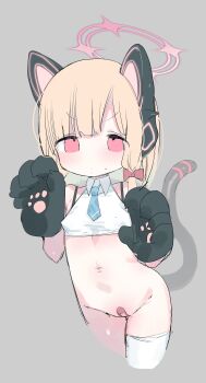 1girl animal_ear_headphones animal_ears animal_hands bandaid bandaid_on_pussy black_gloves blonde_hair blue_archive blue_necktie blush bottomless bow breasts cat_ear_headphones cat_ears cat_tail closed_mouth covered_erect_nipples crop_top cropped_legs fake_animal_ears fake_tail gloves grey_background groin hair_bow halo headphones loli looking_at_viewer low-tied_sidelocks momoi_(blue_archive) navel necktie paw_gloves pink_eyes pink_halo pushun_(muteki) red_bow shirt short_hair short_necktie sidelocks simple_background single_thighhigh small_breasts solo tail thighhighs white_shirt white_thighhighs