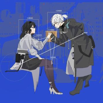 Rule 34 | 1girl, 1other, animal ears, arknights, bags under eyes, belt, black hair, black hairband, black pantyhose, black shirt, black skirt, bowing, boya 666666, circle, closed mouth, coat, commentary request, couple, doctor (arknights), exhausted, gloves, grey eyes, grey jacket, grey pants, hairband, hand grab, hand on another's hand, hand on own thigh, high heels, hood, hood down, hooded jacket, jacket, leaning forward, long hair, long sleeves, looking at another, medium hair, messy hair, pants, pantyhose, ponytail, priestess (arknights), purple eyes, shirt, sitting, skirt, smile, solo, square, sweater, turtleneck, white coat, white hair, white sweater