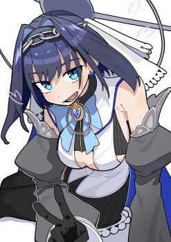 1girl absurdres armpit_crease black_gloves black_thighhighs blue_eyes blue_hair breasts cleavage detached_sleeves earrings fang gloves hair_intakes halo hanten_(hantennano) heart highres hololive hololive_english jewelry large_breasts looking_at_viewer open_mouth ouro_kronii ouro_kronii_(1st_costume) simple_background sitting skin_fang solo thighhighs v virtual_youtuber white_background