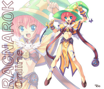 Rule 34 | 1girl, 2000s (style), arm up, bikini, blue eyes, breasts, brown bikini, brown shoes, capelet, commentary request, copyright name, dagger, fingerless gloves, full body, gloves, green hat, hat, holding, holding dagger, holding knife, holding weapon, knife, looking at viewer, navel, ngo (ngo dandelion), open mouth, pelvic curtain, pink hair, ragnarok online, sage (ragnarok online), shoes, short hair, simple background, small breasts, solo, standing, star (symbol), star print, swimsuit, weapon, white background, witch hat, yellow capelet, yellow gloves, zoom layer