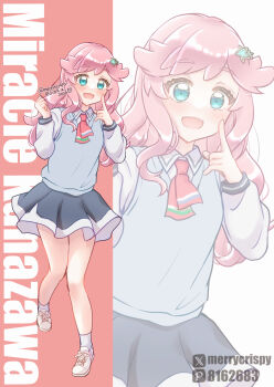 Rule 34 | 1girl, :d, black skirt, blue eyes, blue sweater vest, character name, collared shirt, commentary request, finger to cheek, hair flaps, hair ornament, highres, ikizulive! love live! bluebird, kanazawa miracle, leg up, long sleeves, looking at viewer, love high school uniform, love live!, miniskirt, nagatsuki chihoru, neckerchief, open mouth, pink hair, pink neckerchief, pixiv id, pixiv logo, school uniform, shirt, shoes, skirt, smile, sneakers, socks, solo, star (symbol), star hair ornament, sweater vest, twitter username, twitter x logo, white shirt, white shoes, white socks, zoom layer