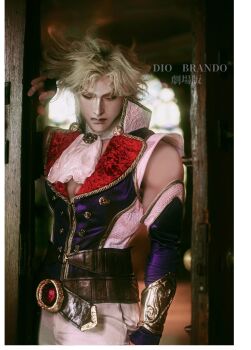 Rule 34 | 1boy, absurdres, ascot, belt, blonde hair, brown belt, closed eyes, closed mouth, commentary request, cosplay, cosplay photo, detached sleeves, dio brando, dio brando (cosplay), doorway, high collar, highres, jojo no kimyou na bouken, male focus, muscular, muscular male, official alternate costume, opening door, phantom blood, phantom blood (movie), photo (medium), short hair, solo, the holed, vampire, white ascot