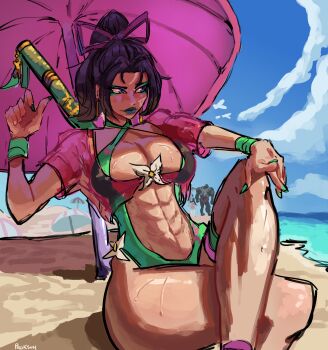1girl abs absurdres beach beach_umbrella blue_sky breasts cloud crossed_legs day highres marvel marvel_rivals medium_breasts official_alternate_costume outdoors ponytail proksuh psylocke psylocke_(breezy_butterfly) sand sky solo umbrella water
