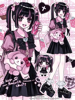 1girl backpack bag black_hair black_shoes black_skirt blunt_bangs bow can chibi chibi_inset commentary cowboy_shot full_body hair_between_eyes hair_bow hand_up highres holding holding_can holding_stuffed_toy jirai_kei looking_at_viewer min_(mts2314) multicolored_hair multiple_views open_mouth original pink_bag pink_bow pink_shirt shirt shirt_tucked_in shoes short_sleeves skirt smile socks streaked_hair stuffed_animal stuffed_rabbit stuffed_toy twintails white_socks