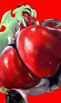 absurdres ass colored_skin from_below green_eyes green_hair green_nails highres holding holding_tray horns huge_ass looking_back maid noblood_(ryandomonica) panty_&amp;_stocking_with_garterbelt red_background scanty_(psg) solo tray