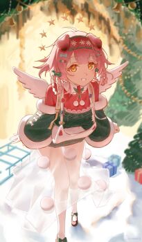 Rule 34 | 1girl, :d, absurdres, arknights, blurry, blurry background, bow, chinese commentary, christmas, commentary request, devouers, dress, foot out of frame, fur-trimmed sleeves, fur trim, goldenglow (arknights), goldenglow (maiden for the bright night) (arknights), green dress, grin, hair bow, hair ornament, hairband, highres, kneehighs, leaning forward, light blush, long sleeves, looking at viewer, official alternate costume, open mouth, partial commentary, pink hair, pom pom (clothes), red dress, red hairband, short hair, smile, socks, solo, standing, star (symbol), white socks, white wings, wings, x hair ornament, yellow eyes