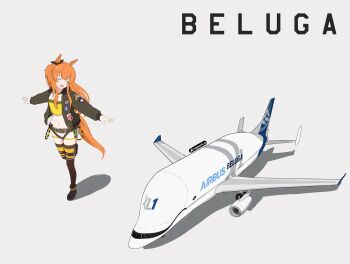 1girl :d airbus_beluga_xl aircraft airplane animal_ears atamonica black_shoes black_thighhighs closed_eyes commentary crop_top english_commentary green_jacket horse_ears horse_girl horse_tail jacket jet jet_airliner leg_up long_hair long_sleeves mayano_top_gun_(umamusume) midriff navel open_clothes open_jacket open_mouth orange_hair outstretched_arms patch shadow shirt shoes short_shorts shorts simple_background smile sneakers solo spread_arms tail thighhighs umamusume vehicle_focus vehicle_name white_background white_shorts wide_shot yellow_shirt