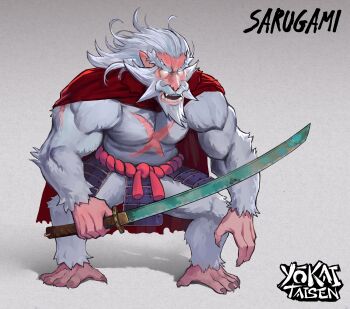 1boy absurdres armor barefoot beard belly belt biceps big_nose cape character_name commentary commentary_typo cross_scar curled_fingers english_commentary facial_hair fangs fighting_stance fingernails floating_hair full_body furry furry_male glaring glowing glowing_eyes hair_slicked_back highres holding holding_sword holding_weapon invisible_floor japanese_armor kusazuri leaning_forward legs_apart logo long_arms long_eyebrows long_fingernails long_hair long_sideburns long_toenails looking_ahead male_focus monkey muscular muscular_arms muscular_legs muscular_male mustache naked_armor open_mouth original pectorals pointy_ears red_belt red_cape rope_belt rust scar scar_on_arm scar_on_chest shadow sharp_fingernails sharp_toenails sideburns squatting standing strongman_waist sword tachi_(weapon) teeth thick_eyebrows thighs toenails torn_cape torn_clothes v-shaped_eyebrows vertigris weapon white_background white_beard white_fur white_hair