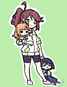 3girls absurdres ahoge azabu_mai bike_shorts black_shorts blue_dress blue_eyes blush_stickers bow bowtie brown_hair chibi closed_mouth commentary_request dress elbow_carry full_body goto_akira green_background green_bow green_eyes hair_bow hair_ornament hair_scrunchie high_ponytail highres holding ikizulive!_love_live!_bluebird jacket jitome long_hair looking_at_viewer love_live! multiple_girls one_side_up oofushi_ao open_mouth orange_hair outline pink_shoes ponytail purple_hair rectangular_mouth sailor_collar scrunchie shirt shoes short-sleeved_jacket short_hair short_sleeves shorts simple_background smile solid_circle_eyes split_mouth standing strapless strapless_dress takahashi_polka white_jacket white_outline white_sailor_collar white_shirt yellow_bow yellow_bowtie