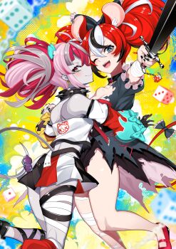 2girls absurdres akagi_(sk0127aho) animal_ears bandages black_dress black_nails blue_eyes bow collar colored_skin commentary cosplay costume_switch detached_sleeves dice dress english_commentary green_eyes grey_skin hair_bow hakos_baelz hakos_baelz_(1st_costume) hakos_baelz_(cosplay) highres holding holding_hands holding_sword holding_weapon hololive hololive_english hololive_indonesia kureiji_ollie kureiji_ollie_(1st_costume) kureiji_ollie_(cosplay) midriff miniskirt mouse_ears mouse_tail multiple_girls one_eye_closed red_hair sharp_teeth skirt spiked_collar spikes sword tail teeth thighs udin_(kureiji_ollie) virtual_youtuber weapon yellow_background zombie