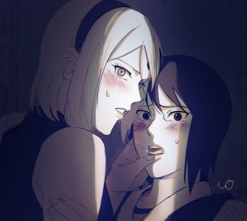 2girls after_kiss blush boruto:_naruto_next_generations caught commentary_request facial_mark forehead_mark hairband haruno_sakura korean_commentary may_c multiple_girls naruto_(series) open_mouth parted_lips saliva saliva_trail sepia shade shizune_(naruto) signature sweatdrop tongue tongue_out yuri