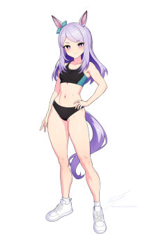 1girl animal_ears aqua_bow bare_shoulders black_buruma black_sports_bra blush bow breasts buruma closed_mouth collarbone commentary ear_bow ear_ribbon english_commentary full_body hand_on_own_hip horse_ears horse_girl horse_tail long_hair looking_at_viewer mejiro_mcqueen_(umamusume) navel purple_eyes purple_hair revenantart revision shoes simple_background small_breasts smile socks solo sports_bikini sports_bra standing stomach tail track_uniform umamusume white_background white_socks