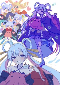 Rule 34 | 5girls, :d, bare shoulders, black kimono, blue eyes, blue hair, chibi, cho kaguya-hime!, closed eyes, commentary request, fushi (cho kaguya-hime!), girl sandwich, green eyes, hair ornament, hair rings, hair stick, hanada hyou, hand up, heart, highres, japanese clothes, kaguya (cho kaguya-hime!), kimono, long hair, long sleeves, looking at viewer, multiple girls, multiple views, musical note, octopus, open mouth, purple hair, runami yachiyo, sakayori iroha, sandwiched, smile, standing, standing on one leg, twintails, very long hair, white hair, wide sleeves