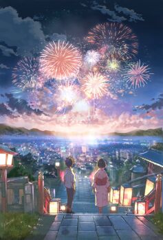 1boy 1girl artist_name bow brown_hair cityscape cloud commentary_request facing_away fireworks from_behind grey_footwear grey_pants highres japanese_clothes kimono lantern mountainous_horizon obi obon original outdoors pants paper_lantern path pink_kimono railing red_bow red_sash road ryowelcome1 sash shadow shirt shoes short_hair signature sky stone_walkway walkway white_shirt wooden_lantern yukata