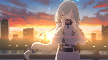 1girl aged_up ahoge alternate_hairstyle armband belt belt_pouch black_armband blue_archive blue_halo blue_sky bow building city closed_eyes cloud commentary_request gradient_sky grey_hair hair_bow hair_ornament halo hamachikichiki harmonica harness highres instrument jacket long_hair low_ponytail maia_(blue_archive) music orange_sky playing_instrument ponytail pouch purple_bow railing sky skyline skyscraper solo sun sunset water white_jacket