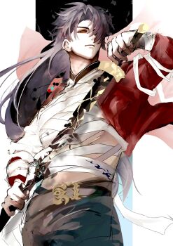 Rule 34 | 1boy, arm up, bandaged chest, bandages, belt, black belt, black hair, black pants, blade (elation) (honkai: star rail), blade (honkai: star rail), closed mouth, commentary request, cowboy shot, drawing sword, floating hair, frown, hair over one eye, highres, holding, holding sword, holding weapon, honkai: star rail, honkai (series), hsr xxx, jacket, male focus, official alternate costume, one eye covered, pants, red eyes, red jacket, solo, standing, sword, weapon