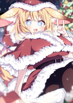 1girl :d animal_ear_fluff animal_ears belt belt_buckle black_belt blurry blurry_background blurry_foreground blush box breasts brown_pantyhose buckle capelet christmas_ornaments christmas_tree commentary_request daidai_ookami depth_of_field dress fang fox_shadow_puppet fur-trimmed_capelet fur-trimmed_dress fur-trimmed_hood fur_trim gift gift_box hand_up highres hood hood_up hooded_capelet large_breasts looking_at_viewer open_mouth original pantyhose red_capelet red_dress smile solo tail