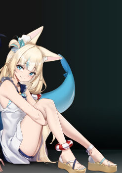 Rule 34 | 1girl, absurdres, animal ear fluff, animal ears, aqua nails, blonde hair, blue eyes, blue hair, cat ears, closed mouth, dress, fins, fish girl, fish tail, hashtag-only commentary, highres, indie virtual youtuber, knees up, lifebuoy hair ornament, long hair, midorimae, multicolored hair, nail polish, sameko saba, sandals, sitting, smile, solo, streaked hair, tail, toenail polish, toenails, virtual youtuber, white dress