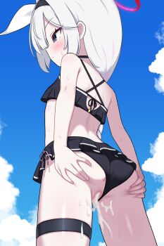 1girl absurdres aftersex alternate_costume anus ass ass_support bikini bikini_bottom_aside bikini_skirt black_bikini black_eyes black_hairband blue_archive blue_sky blush bow braid braided_ponytail censored_with_cum closed_mouth clothing_aside cloud commentary criss-cross_back-straps cum cum_in_pussy cumdrip hair_bow hairband halo hand_on_own_ass highres loli long_hair multicolored_hair paid_reward_available pink_hair plana_(blue_archive) pussy red_halo red_pupils sky small_sweatdrop solo streaked_hair swimsuit thigh_strap two-tone_hair variant_set white_bow white_hair zing_(z_z_zing)