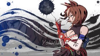 1girl adjusting_clothes adjusting_gloves artist_name black_dress brown_hair cleavage_cutout closed_mouth clothing_cutout commentary dress fingerless_gloves frown gloves horse_girl japanese_clothes layered_gloves looking_to_the_side multicolored_hair red_gloves red_sash sash short_hair sleeveless sleeveless_dress solo two-tone_hair umamusume umamusume:_cinderella_gray white_hair yaeno_muteki_(umamusume) yolo_generations zoom_layer