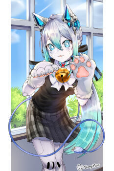 1girl :3 ahoge android animal_hands aqua_eyes aqua_hair artificial_eye artist_logo artist_name bell black_bow black_sweater_vest blue_eyes blue_sky bow bright_pupils bush cable cable_tail character_name choker collared_shirt colored_skin commentary_request fur-trimmed_gloves fur_trim gloves gradient_hair grey_skirt hair_between_eyes hair_bow highres indie_virtual_youtuber indoors jingle_bell joints large_bow logo long_hair long_sidelocks looking_at_viewer mechanical_ears mechanical_eye mechanical_tail mixed-language_commentary multicolored_hair muted_asria name_tag neck_bell parted_lips paw_gloves pillarboxed plaid_clothes plaid_skirt pleated_skirt ponytail robot_joints school_uniform shirt short_sleeves sidelocks skirt sky slimymana spanish_commentary sweater_vest tail twitch_logo usb_cable very_long_hair virtual_youtuber white_gloves white_hair white_pupils white_shirt white_skin window wing_collar