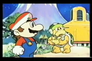 animated animated_gif beard blue_eyes facial_hair glasses gun hammer_bro hat male_focus mario mario_(series) mountain mustache nintendo red_shirt shell shirt star_(symbol) super_mario_amada_series super_mario_bros._1 super_mario_momotarå suspenders tree turtle weapon